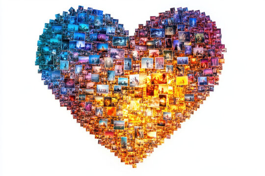 A vibrant heart-shaped collage of numerous photos, blending cool blue and warm orange tones, symbolizing love, unity, and diversity in a captivating visual display.