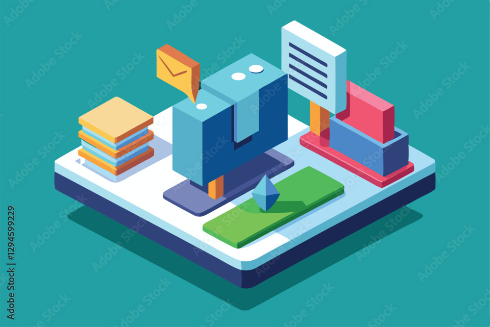 Poster a colorful isometric design featuring customizable message blocks and geometric forms on a flat surf