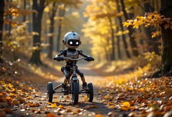 Happy humanoid robot rides a bicycle along the autumn alley. Robotic object experiences feelings and emotions. Concept of technology development in the form of artificial intelligence