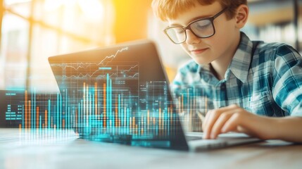 A boy at a modern desk, comfortably typing on a laptop, surrounded by trading graphs and AI insights 