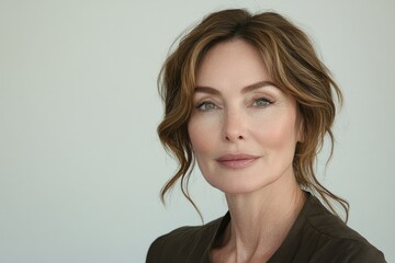 Obraz premium A middle-aged woman with wavy brown hair and subtle makeup, looking directly at the camera.