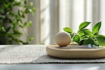 Wooden acupuncture tools on table with herbs, sunlight