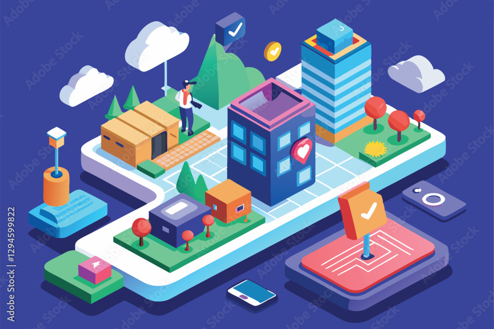 Poster an isometric illustration shows a customizable messenger interface with urban features and interacti