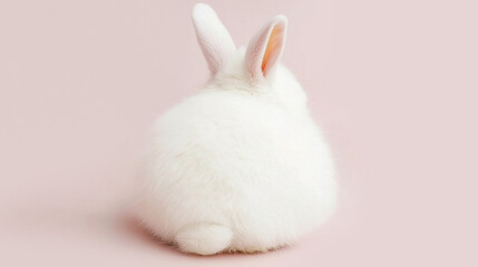 Obraz premium Cute fluffy white bunny sitting with his back to the camera on pastel background. Easter holiday concept