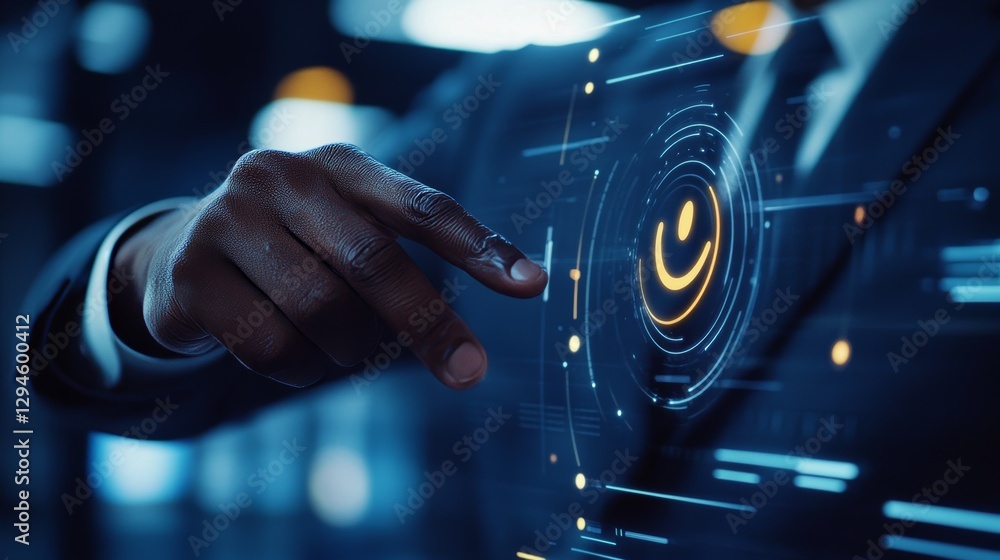 Poster a man in a suit is using a digital device. he is touching a smiley face button. this picture shows t