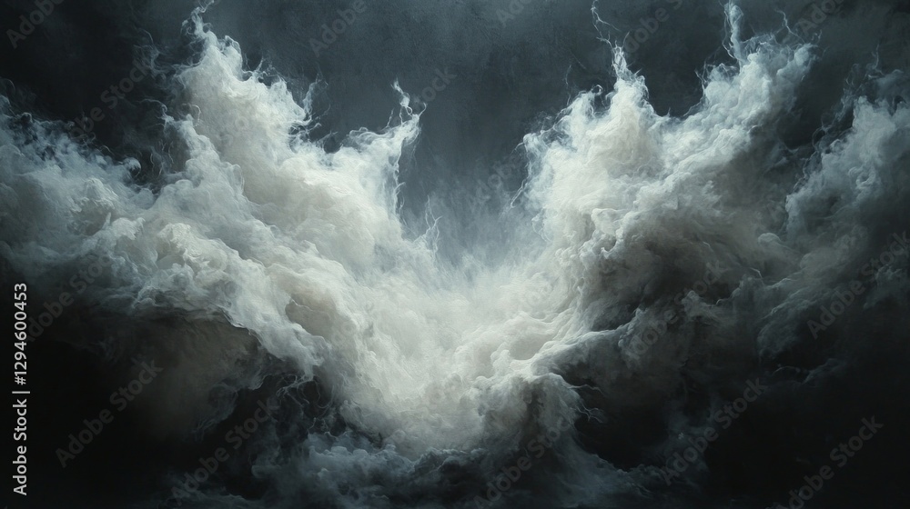 Poster Gradients of gray and white form billowing clouds that appear to swirl and flow harmoniously in the sky. The play of light adds depth, revealing dynamic shapes