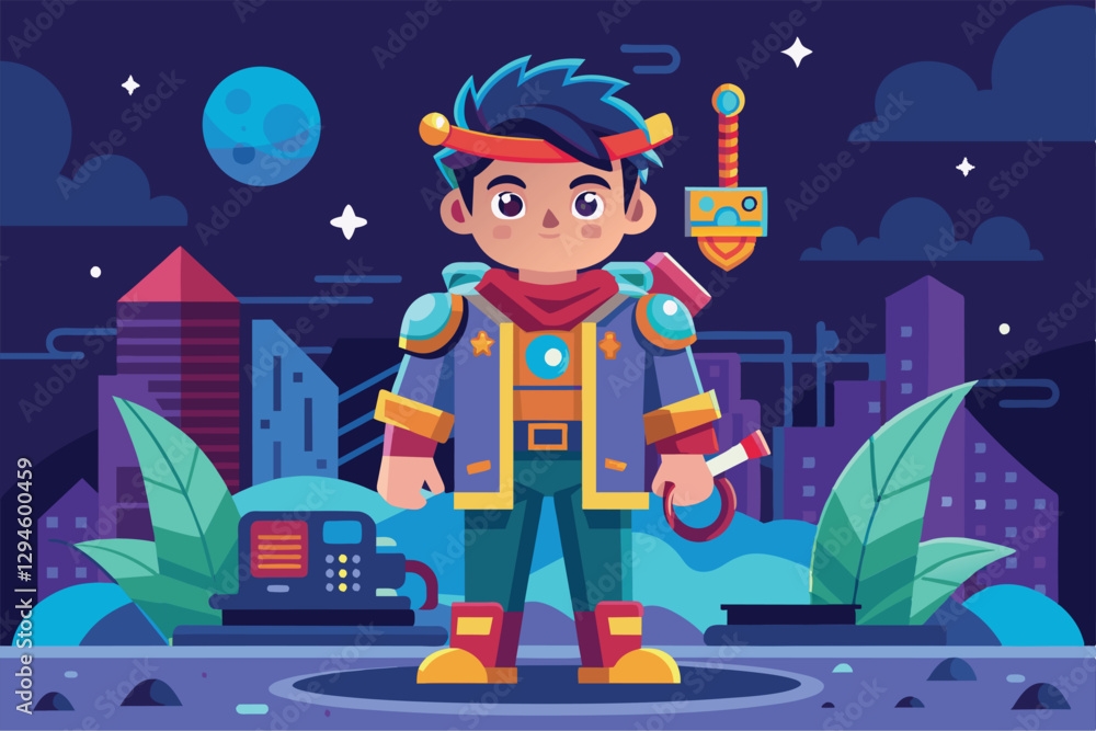 Poster a unique character stands in a colorful metaverse world, showcasing customization and disproportiona