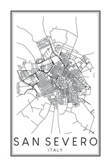 Printable downtown road map poster of the Italian town of SAN SEVERO on solid white background with city name