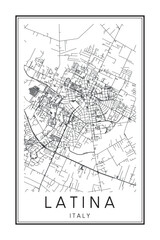 Printable downtown road map poster of the Italian town of LATINA on solid white background with city name