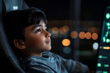 A boy leaning back in a swivel chair, deeply engaged with trading graphs and AI insights on his laptop 