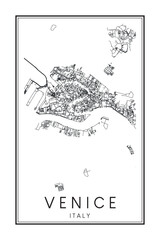 Printable downtown road map poster of the Italian town of VENICE on solid white background with city name