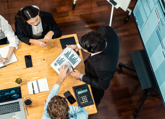 Wide top view project manager planning schedule for business task at meeting room, Gantt chart time...