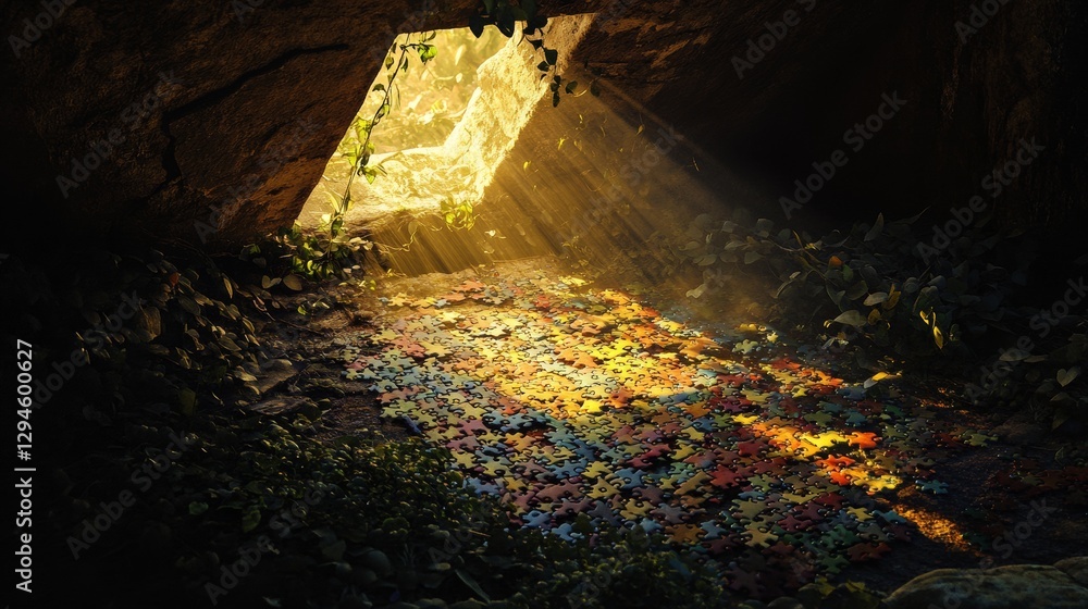 Aufkleber a missing piece in a jigsaw puzzle creates a hole through which sunlight streams in, illuminating th