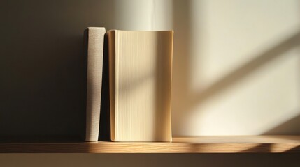 Two books resting on a wooden shelf with soft sunlight