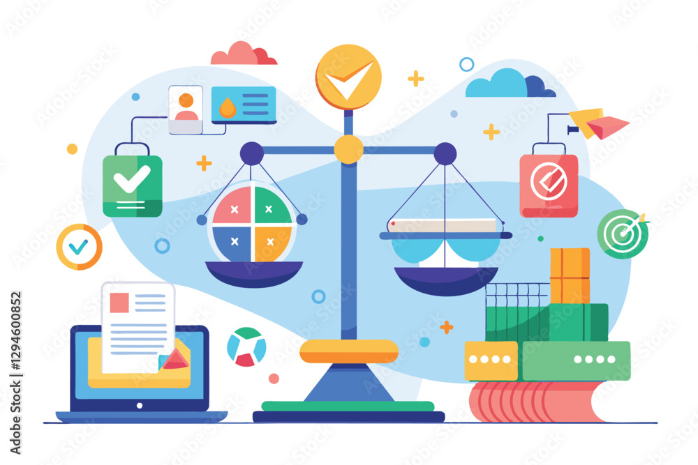 Poster this illustration features a balanced scale comparing different methodologies, complete with digital