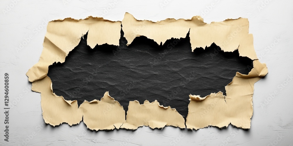 Poster Torn Paper with Dark Background: A close-up image of a ripped, crumpled sheet of yellow paper with a black background peeking through, offering a space for text or graphics.