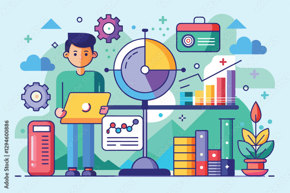 Poster a character analyzes metrics using charts and data tools in a colorful, animated environment, metric