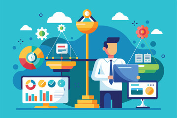 A person in a professional outfit holds a tablet, surrounded by various data analytics tools and scales, Methodology comparison Customizable Semi Flat Illustration