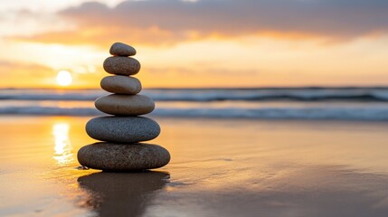 beach sunrise art, a stunning sunrise over a serene beach, with a stacked stone pyramid in the foreground and golden light on the wet sand