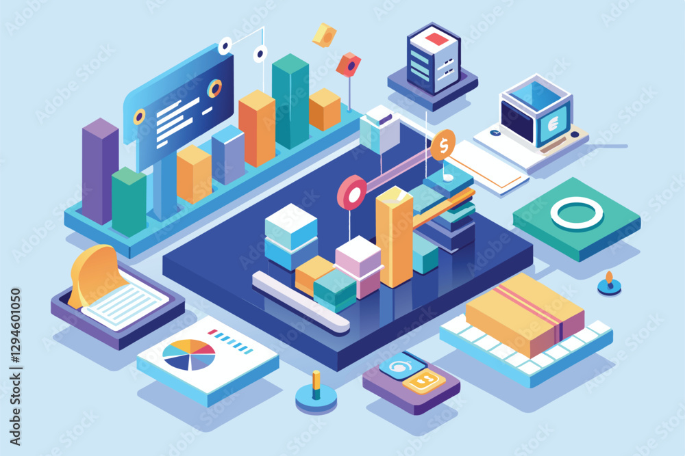 Poster this illustration showcases customizable metrics in an isometric style featuring various charts and 
