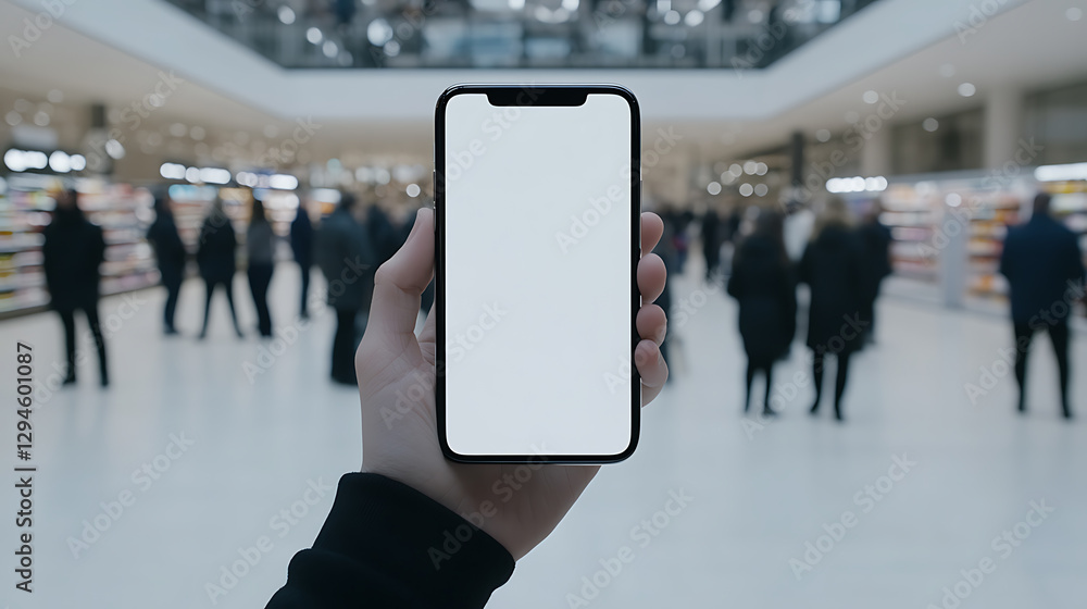 Poster phone with blank screen held in a busy mall. modern device with copy space for app or mobile content