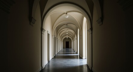 Naklejka premium Arched Hallway Interior Perspective with Doorways and Dim Lighting