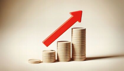 Golden coins stacked in ascending order with a red arrow pointing upward, symbolizing growth, financial success and increasing value against a neutral background.
