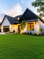 Sunrise View of Modern Farmhouse - New home, sunrise lighting, modern farmhouse architecture, landscaping, curb appeal. Symbolizing new beginnings, modern design, peaceful mornings, home ownership