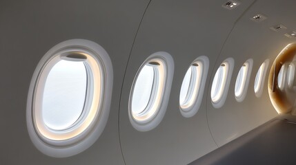 Airplane windows are the portholes on planes that let in light and give passengers a view. They are typically made of white plastic and have open blinds.  