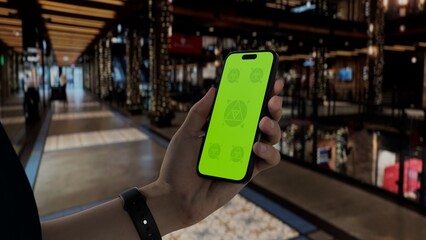GREEN SCREEN CHROMA KEY A person holds a smartphone, festive shopping mall lights and Christmas decor in the background