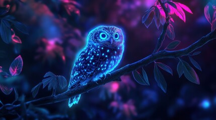 Neon Owl in the Night Forest: A Digital Painting