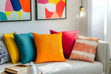 Student apartment with colorful posters and vibrant throw pillows