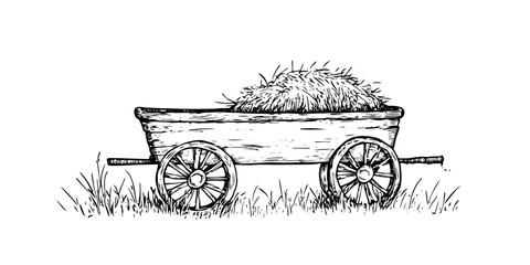 wooden farm wagon with hay sketch doodle vector © Kaz