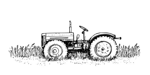 vintage farm tractor in grass sketch doodle vector © Kaz