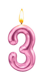 Metallic pink Number three Candle with Flame