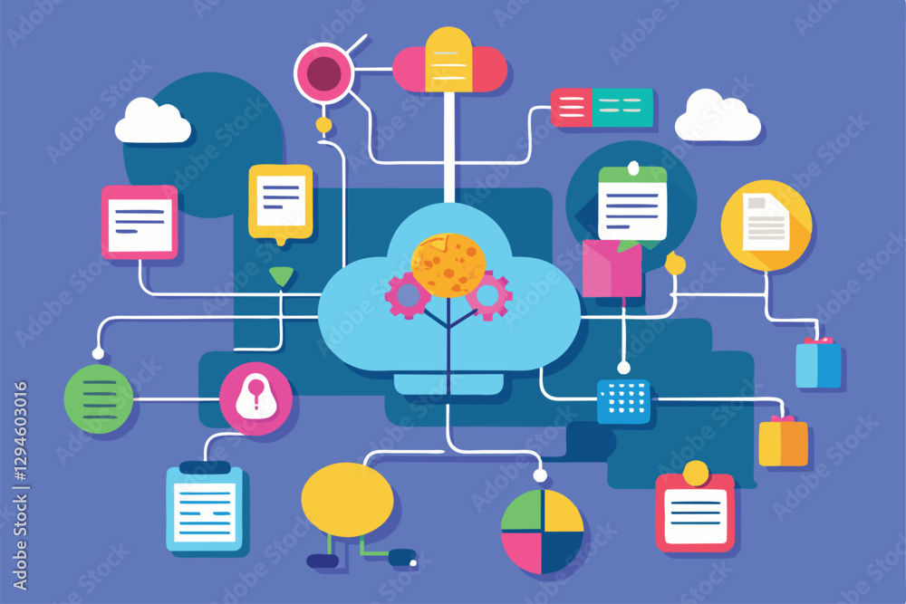 Poster a flat illustration displaying a customizable mind map with colorful icons and connecting lines, min