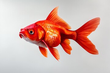 Vibrant Orange Goldfish - A single, vibrant orange goldfish swims against a plain white background. Its scales shimmer, and its fins are gracefully extended