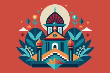 Fototapeta premium A vibrant, minimalistic temple design is situated amidst vivid green plants under a warm sun, Minimalistic creativity and art,