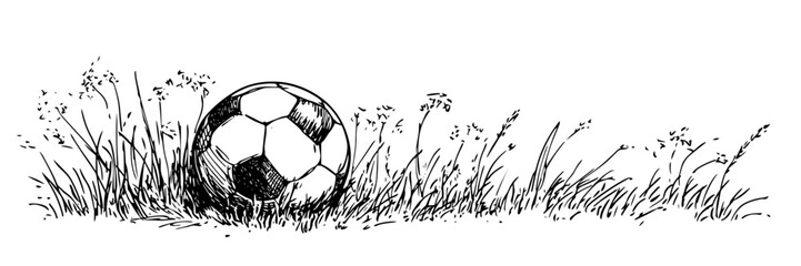 soccer ball lying in grass field vector doodle black sketch illustration © Kaz