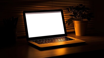 Modern Laptop and Potted Plant in Cozy Evening Environment