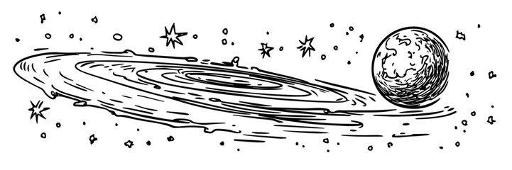 spiral galaxy and planet hand-drawn vector illustration in ink style