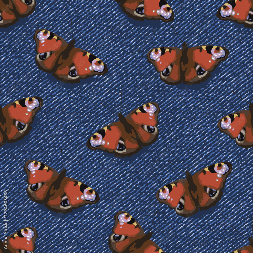 Poster seamless denim pattern with peacock butterfly with spread wings. top view. boho style. grunge textur