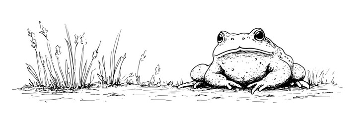 realistic frog sitting on ground with grass vector doodle black sketch illustration