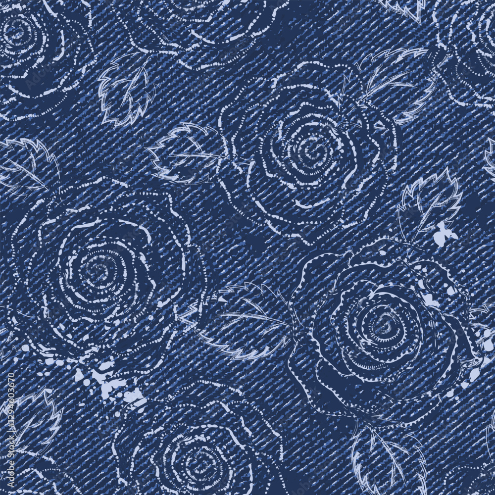 Poster seamless abstract denim pattern with outline contour roses flowers. random composition. grunge boho 