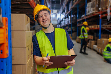 Warehouse worker with Down syndrome standing with a pen and clipboard