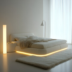 
Minimalist Creamy Bedroom Design, featuring a white smart bed, a glowing bedside table, a white rug, and a tall floor lamp.

