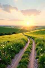Obraz premium Serene Sunset Pathway Across a Rolling Meadow Landscape with Vibrant Grass and Wildflowers