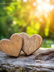 Wooden Hearts in Sunlight - Two wooden hearts nestled together on rustic wood, bathed in warm sunlight. Symbolizing love, nature, togetherness, warmth, and hope