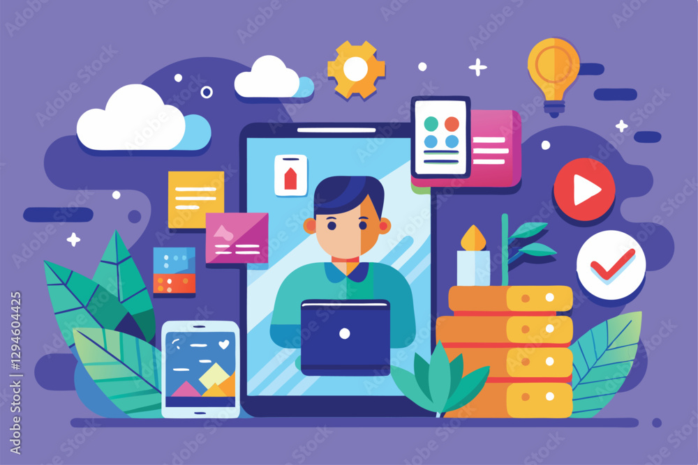 Poster a user engages with customizable mobile apps in a colorful flat design, showcasing various digital t