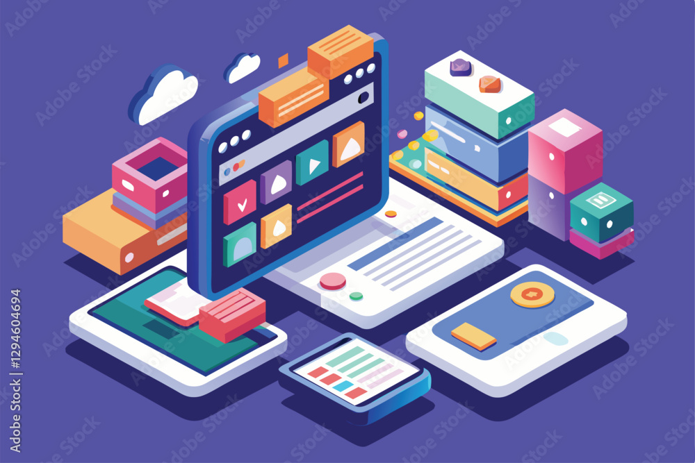 Poster an isometric illustration shows customizable mobile browsers with devices displaying diverse applica